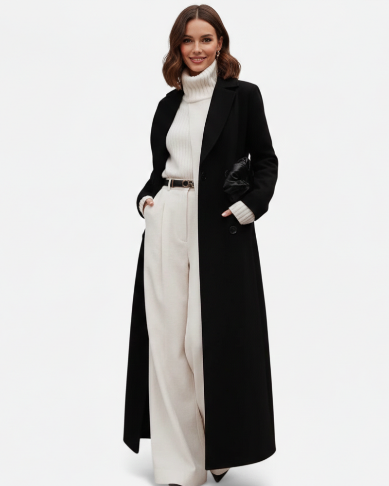 Isolde Long Black Coat for Women – Elegant Fit with Classic Lapel Collar & Chic Buttoning