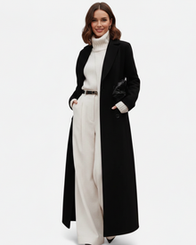 Isolde Long Black Coat for Women – Elegant Fit with Classic Lapel Collar & Chic Buttoning