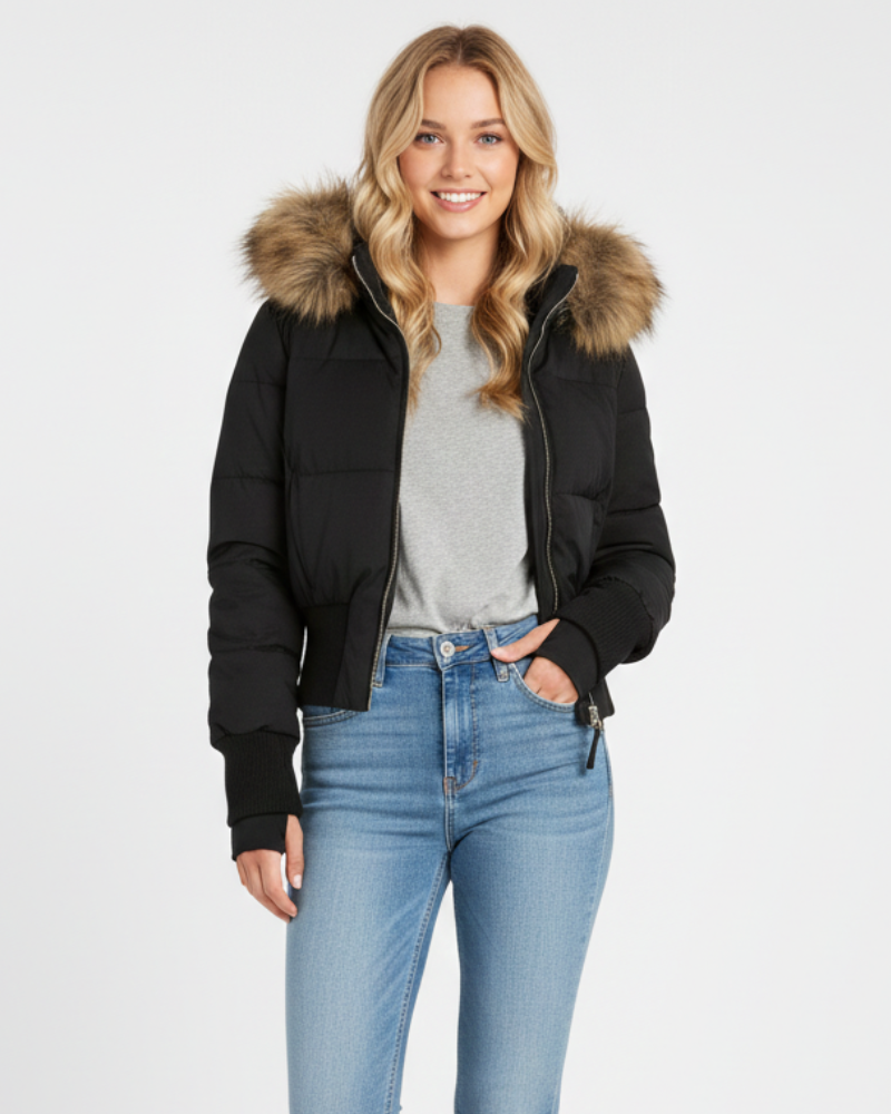 Gracie Quilted Coat for Women – Short Winter Jacket with Removable Hood & Faux Fur
