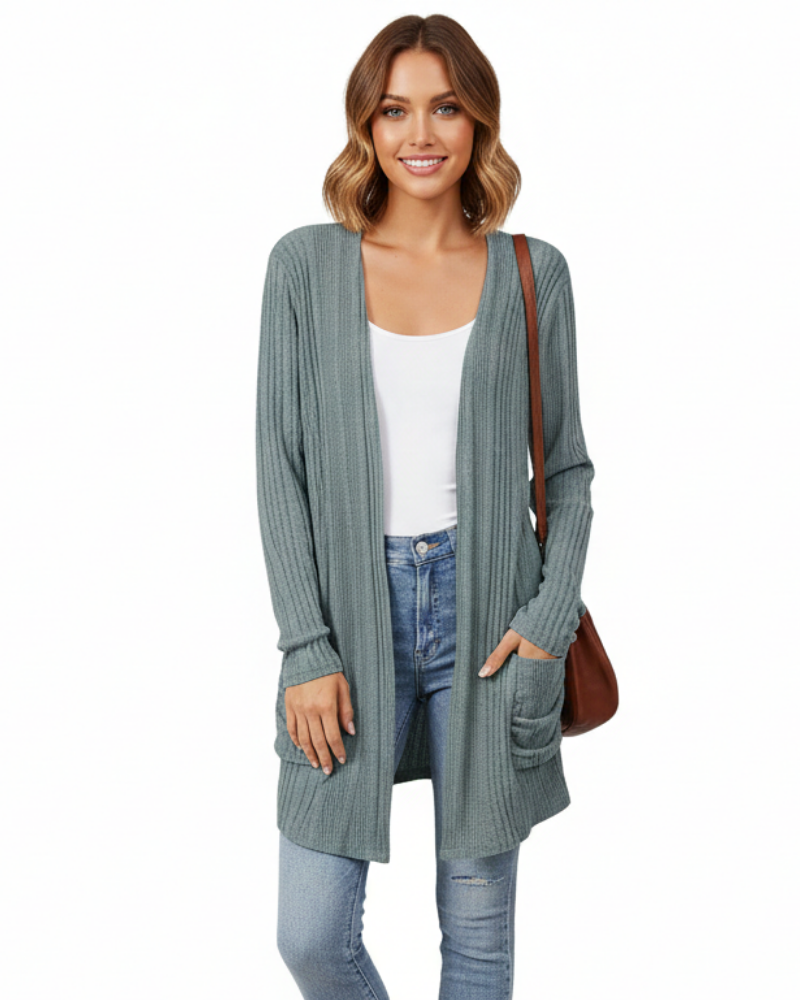 Isabelle Long Cardigan Women’s – Open Ribbed Knit Sweater with Pockets & Relaxed Fit