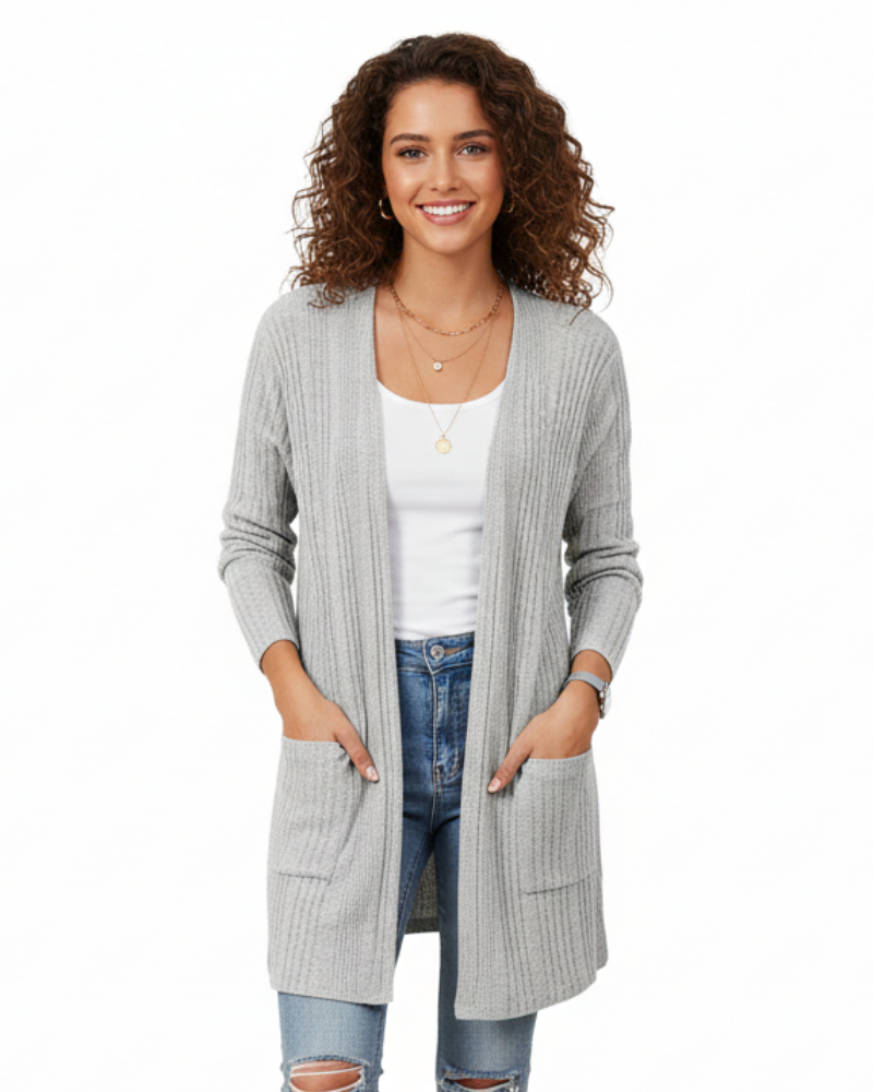 Isabelle Long Cardigan Women’s – Open Ribbed Knit Sweater with Pockets & Relaxed Fit
