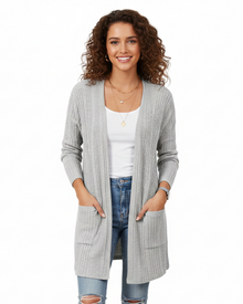 Isabelle Long Cardigan Women’s – Open Ribbed Knit Sweater with Pockets & Relaxed Fit