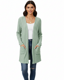Isabelle Long Cardigan Women’s – Open Ribbed Knit Sweater with Pockets & Relaxed Fit