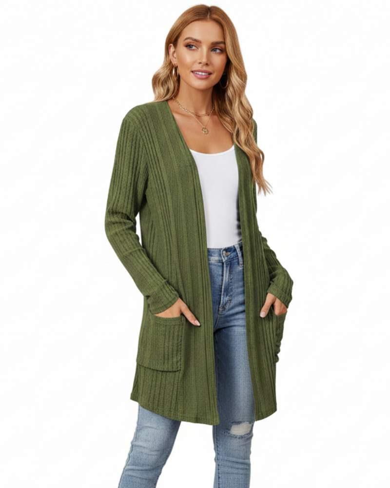 Isabelle Long Cardigan Women’s – Open Ribbed Knit Sweater with Pockets & Relaxed Fit