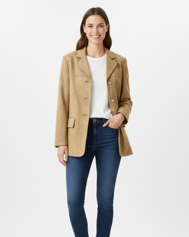 Calliope Synthetic Suede Blazer for Women – Classic Lapels, Straight Cut & Elegant Style