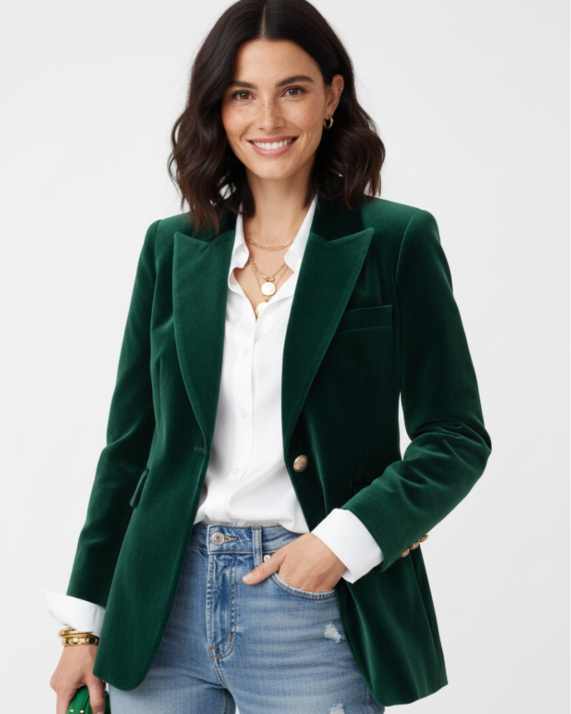Haydee Velvet Blazer for Women – Chic Green Jacket with Golden Buttons & Elegant Cut