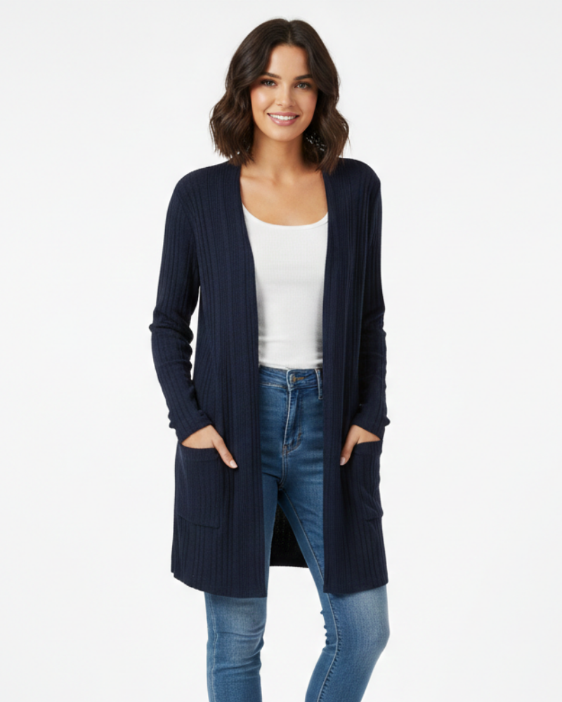 Isabelle Long Cardigan Women’s – Open Ribbed Knit Sweater with Pockets & Relaxed Fit