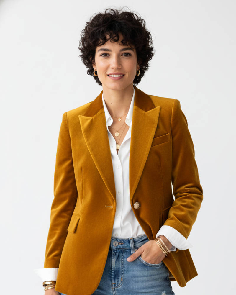 Haydee Velvet Blazer for Women – Chic Green Jacket with Golden Buttons & Elegant Cut
