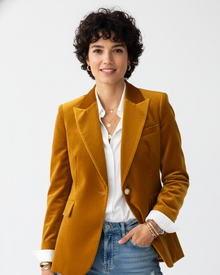 Haydee Velvet Blazer for Women – Chic Green Jacket with Golden Buttons & Elegant Cut