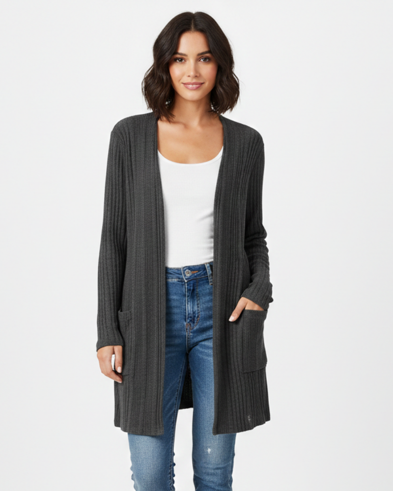 Isabelle Long Cardigan Women’s – Open Ribbed Knit Sweater with Pockets & Relaxed Fit