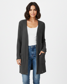 Isabelle Long Cardigan Women’s – Open Ribbed Knit Sweater with Pockets & Relaxed Fit