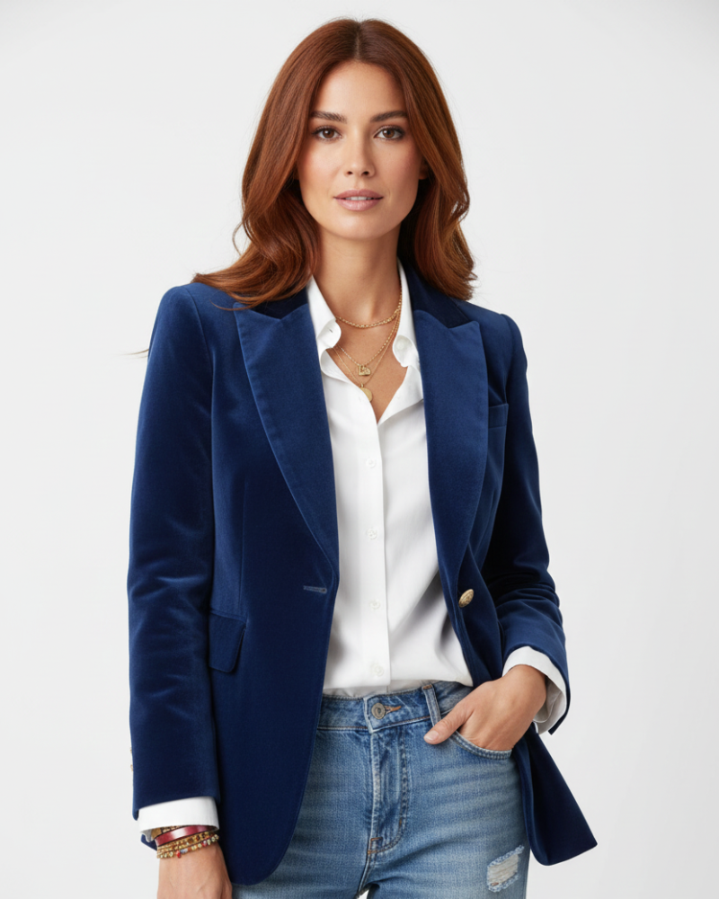 Haydee Velvet Blazer for Women – Chic Green Jacket with Golden Buttons & Elegant Cut