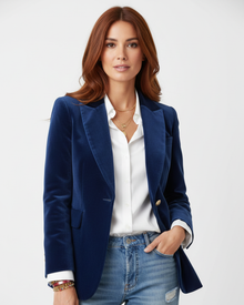 Haydee Velvet Blazer for Women – Chic Green Jacket with Golden Buttons & Elegant Cut