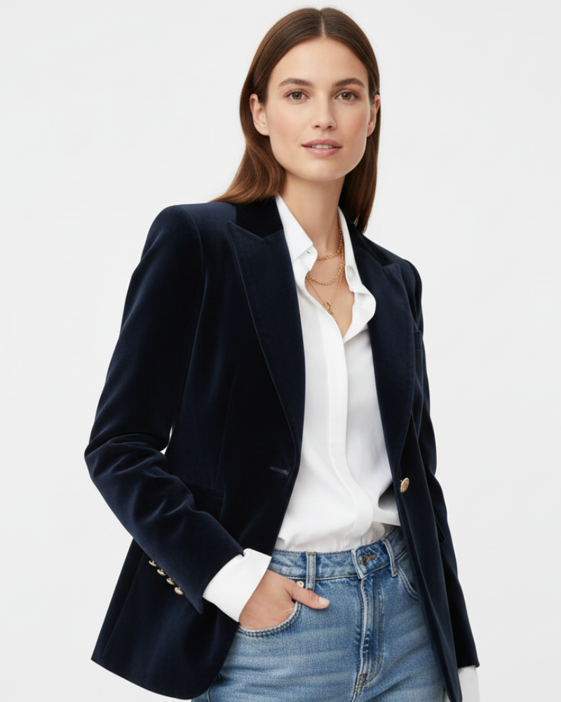 Haydee Velvet Blazer for Women – Chic Green Jacket with Golden Buttons & Elegant Cut