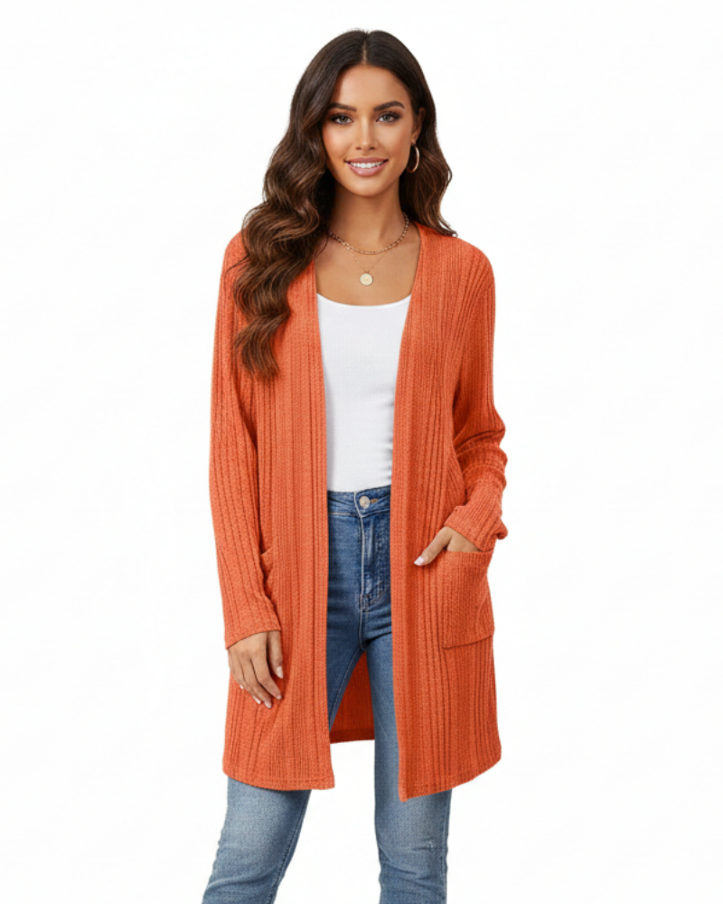 Isabelle Long Cardigan Women’s – Open Ribbed Knit Sweater with Pockets & Relaxed Fit