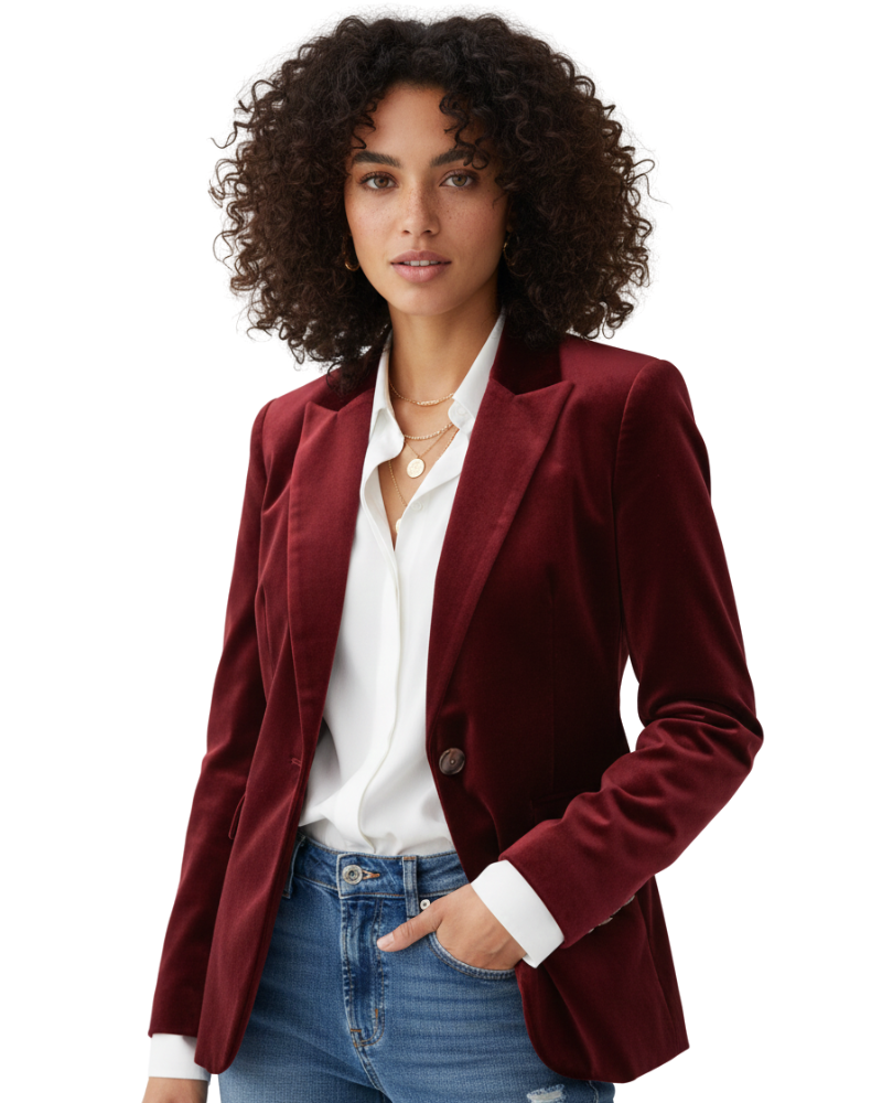 Haydee Velvet Blazer for Women – Chic Green Jacket with Golden Buttons & Elegant Cut