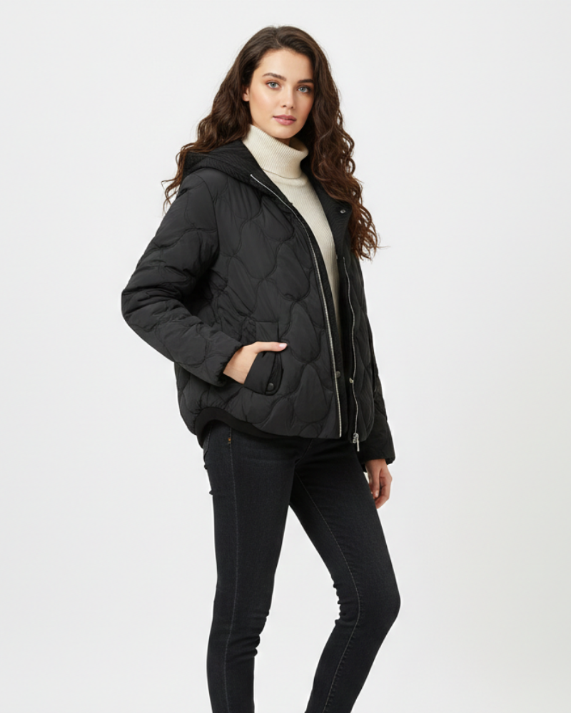 Oline Short Puffer Jacket for Women – Elegant Quilted Coat with Hood & Zipper Closure