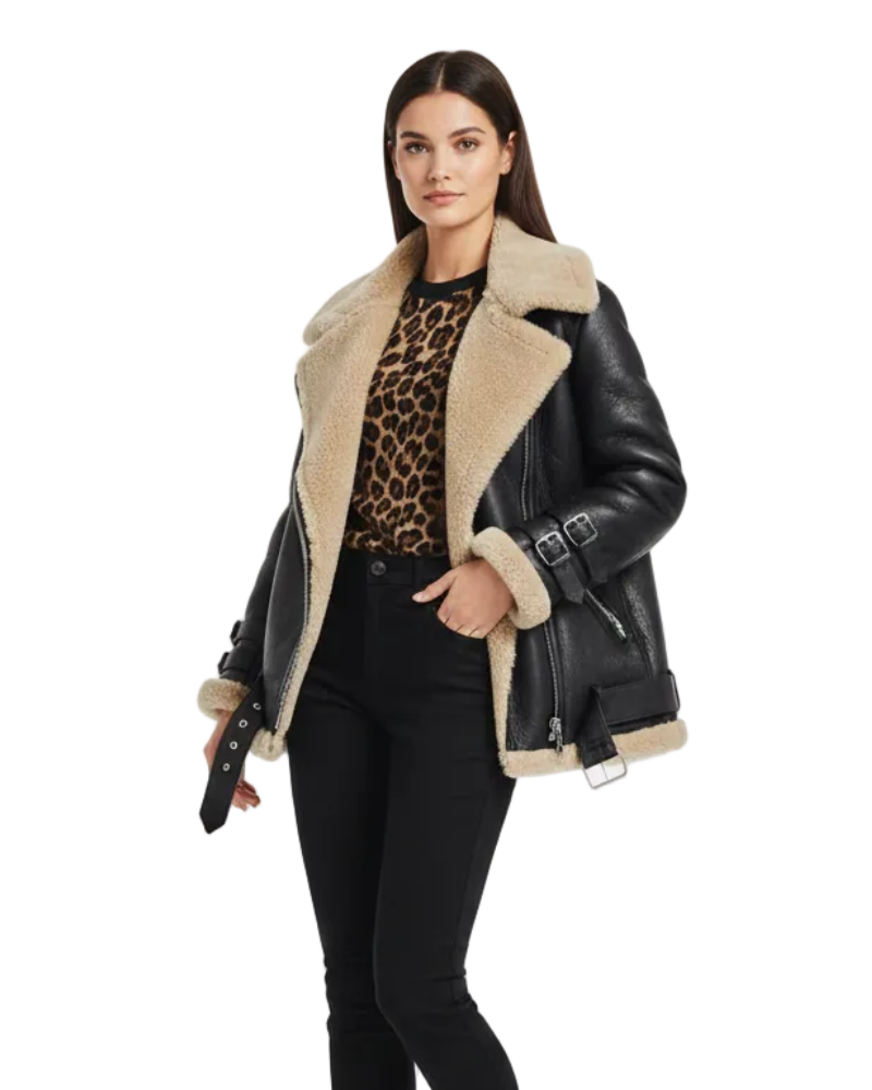 Avanna Women's Aviator Shearling Jacket – Warm Aviator Coat with Teddy Lining & Leather Details