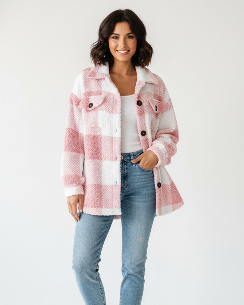 Ariana Women's Winter Jacket – Warm and Casual Checkered Fleece Jacket