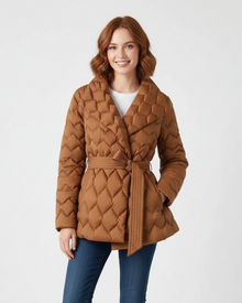 Ariane Short Quilted Jacket for Women – Chic Puffer Coat with Belt & Elegant 3D Pattern