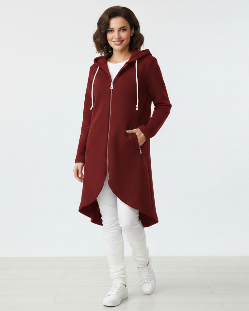 Nuvina Women's Long Hoodie Jacket – Casual Zip-Up Coat with Hood & Relaxed Fit