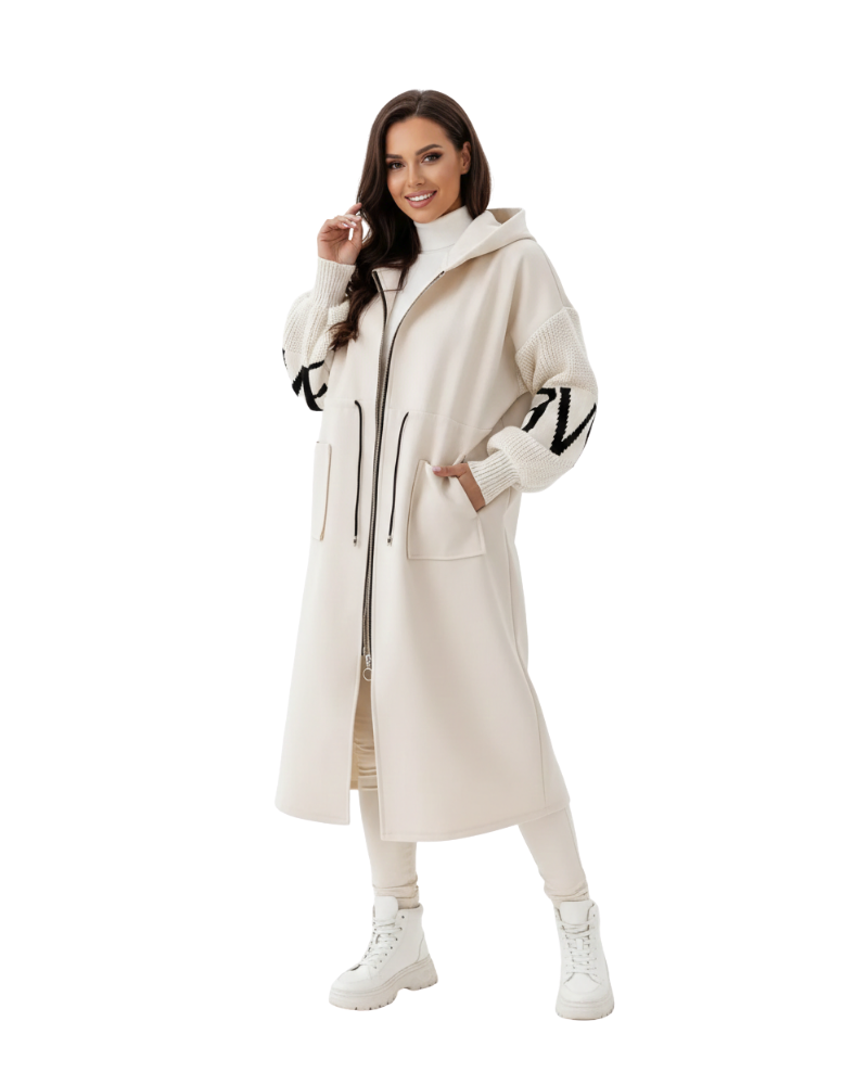Ava Women's Patchwork Jacket – Fitted Water-Repellent Coat with Hood & Knitted Sleeves