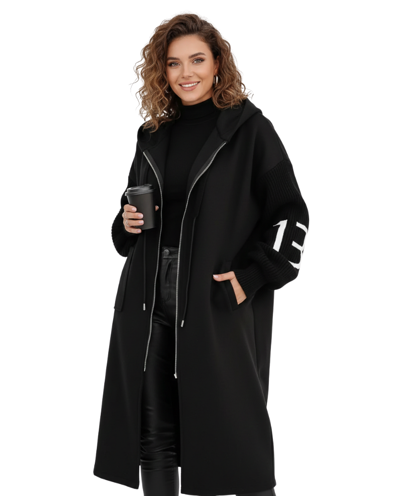 Ava Women's Patchwork Jacket – Fitted Water-Repellent Coat with Hood & Knitted Sleeves