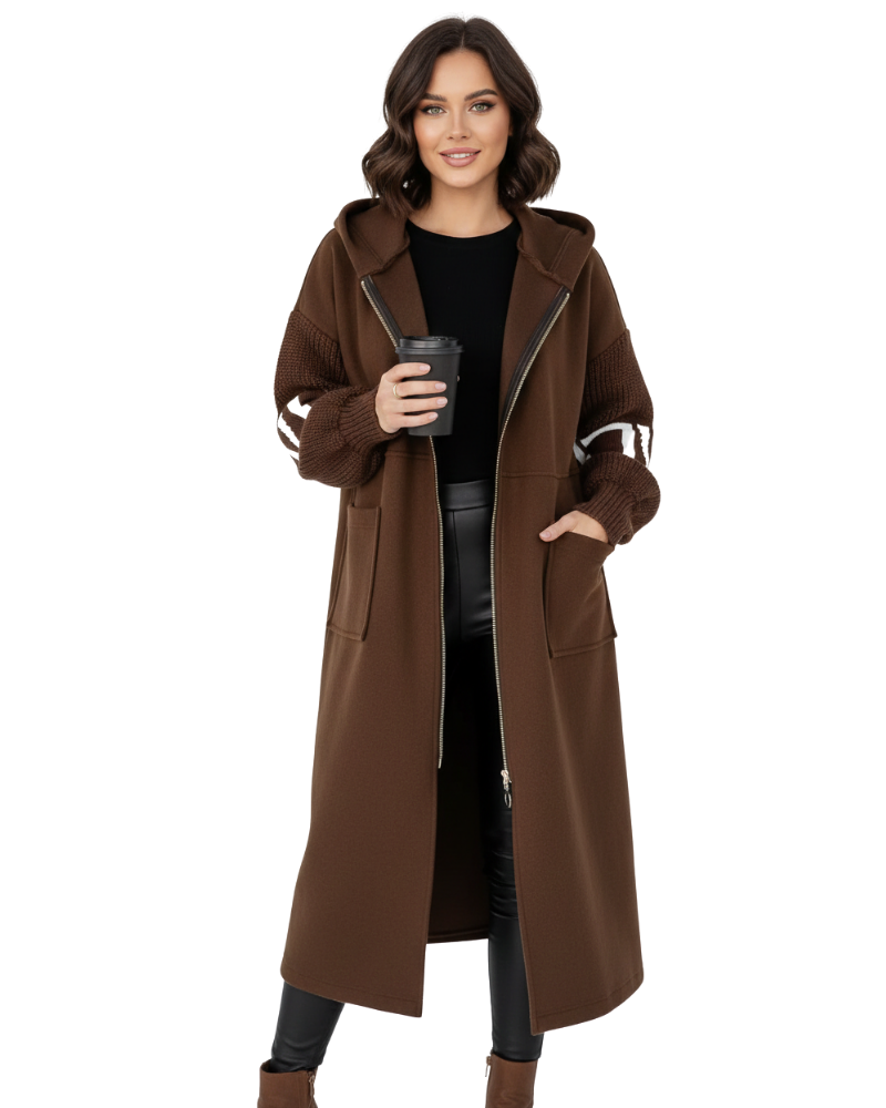 Ava Women's Patchwork Jacket – Fitted Water-Repellent Coat with Hood & Knitted Sleeves