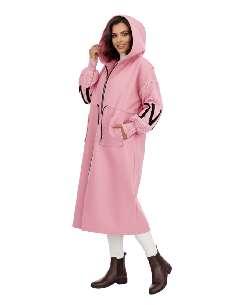 Ava Women's Patchwork Jacket – Fitted Water-Repellent Coat with Hood & Knitted Sleeves