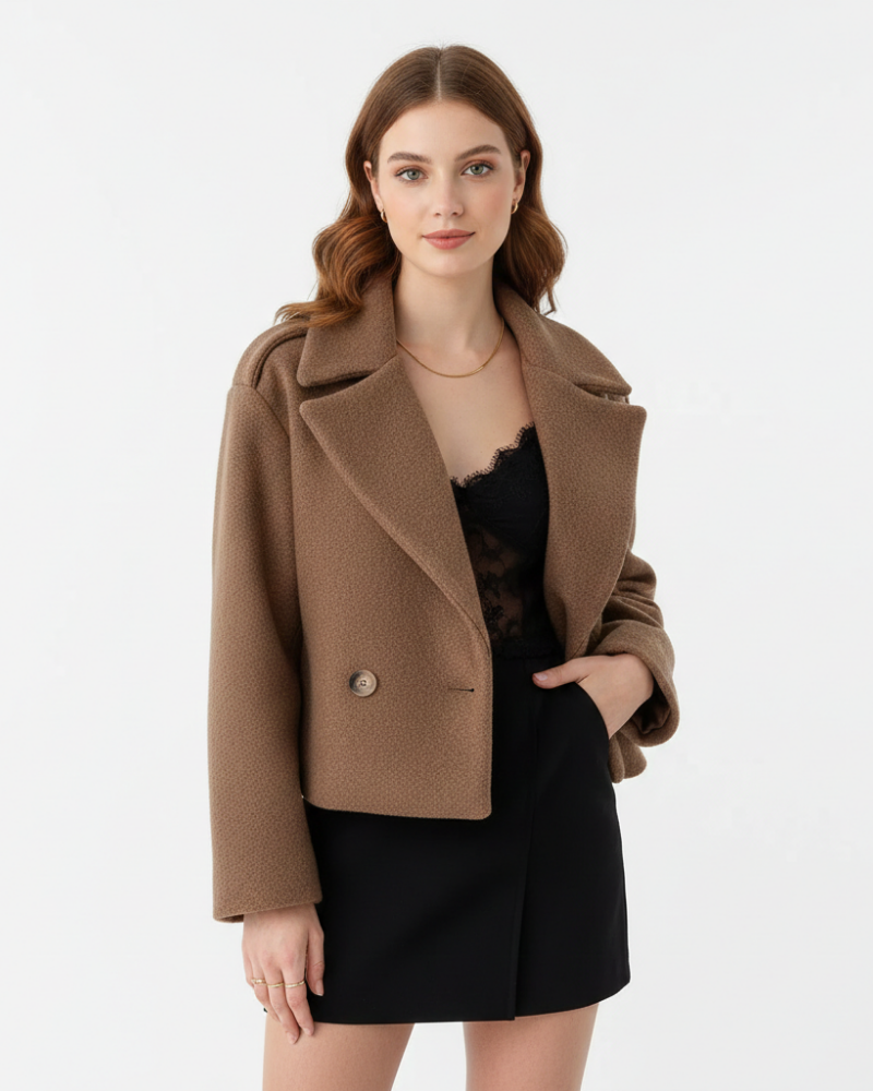 Melia Women's Short Coat – Wool Double-Breasted Jacket Oversized Fit & Notched Collar