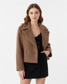 Melia Women's Short Coat – Wool Double-Breasted Jacket Oversized Fit & Notched Collar