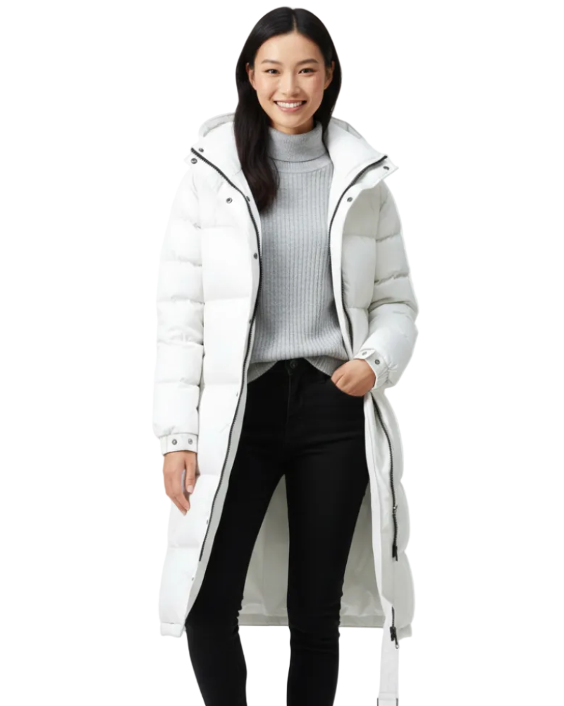 Zahra Long Winter Coat for Women – Warm Quilted Jacket with Hood and High Collar