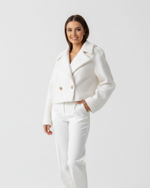 Melia Women's Short Coat – Wool Double-Breasted Jacket Oversized Fit & Notched Collar