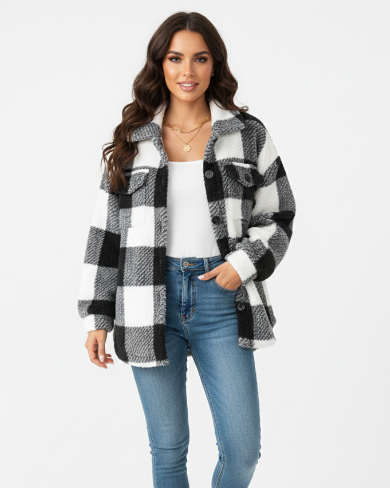 Ariana Women's Winter Jacket – Warm and Casual Checkered Fleece Jacket