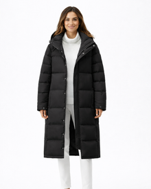Zahra Long Winter Coat for Women – Warm Quilted Jacket with Hood and High Collar