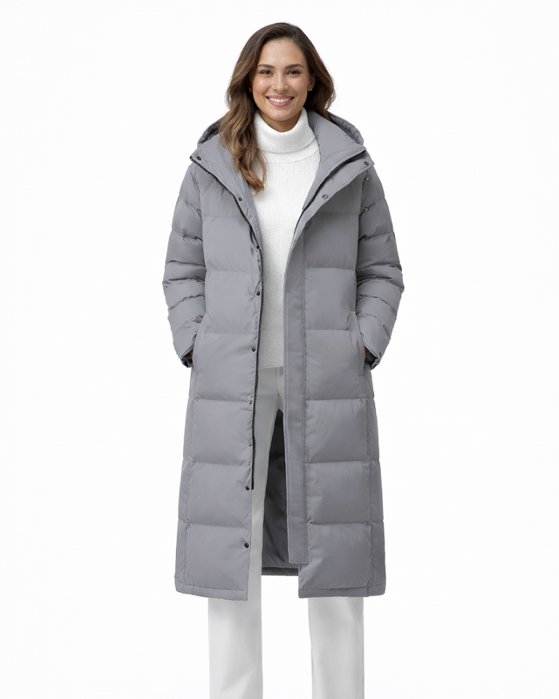 Zahra Long Winter Coat for Women – Warm Quilted Jacket with Hood and High Collar