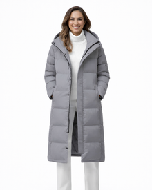 Zahra Long Winter Coat for Women – Warm Quilted Jacket with Hood and High Collar