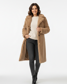 Angel Teddy Long Coat Women – Soft Oversized Fit with Lapel Collar & Button Closure