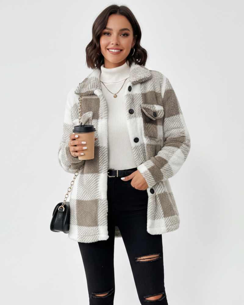 Ariana Women's Winter Jacket – Warm and Casual Checkered Fleece Jacket