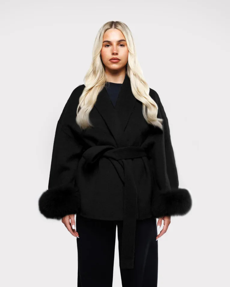 Livia Women's Luxury Coat – Elegant Winter Jacket with Faux Fur Sleeves & Belt