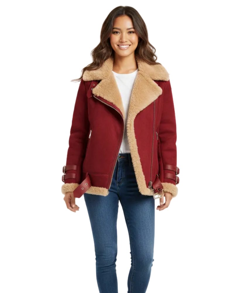 Avanna Women's Aviator Shearling Jacket – Warm Aviator Coat with Teddy Lining & Leather Details