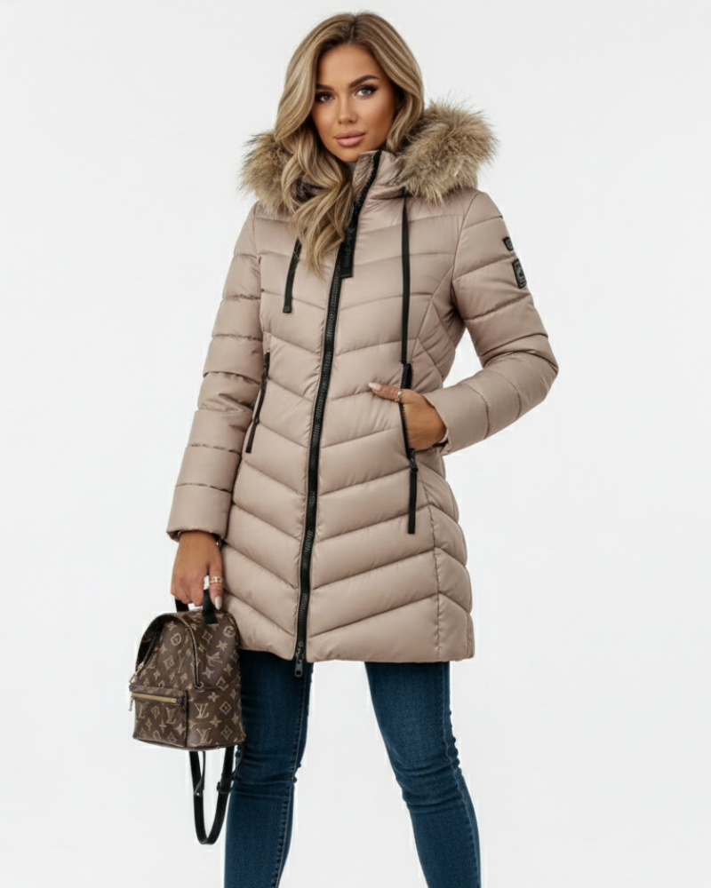 Anne Women's Puffer Jacket with Hood – Chevron Quilting & Faux Fur Collar