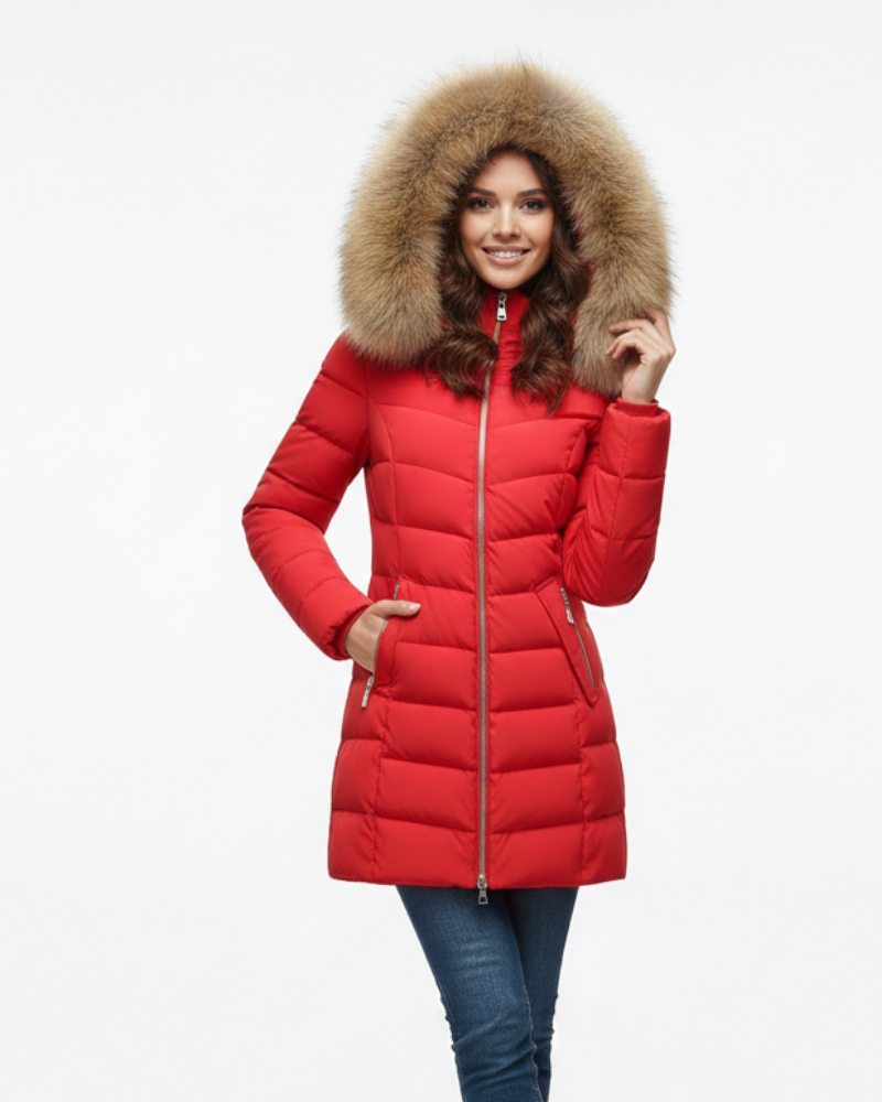 Anne Women's Puffer Jacket with Hood – Chevron Quilting & Faux Fur Collar