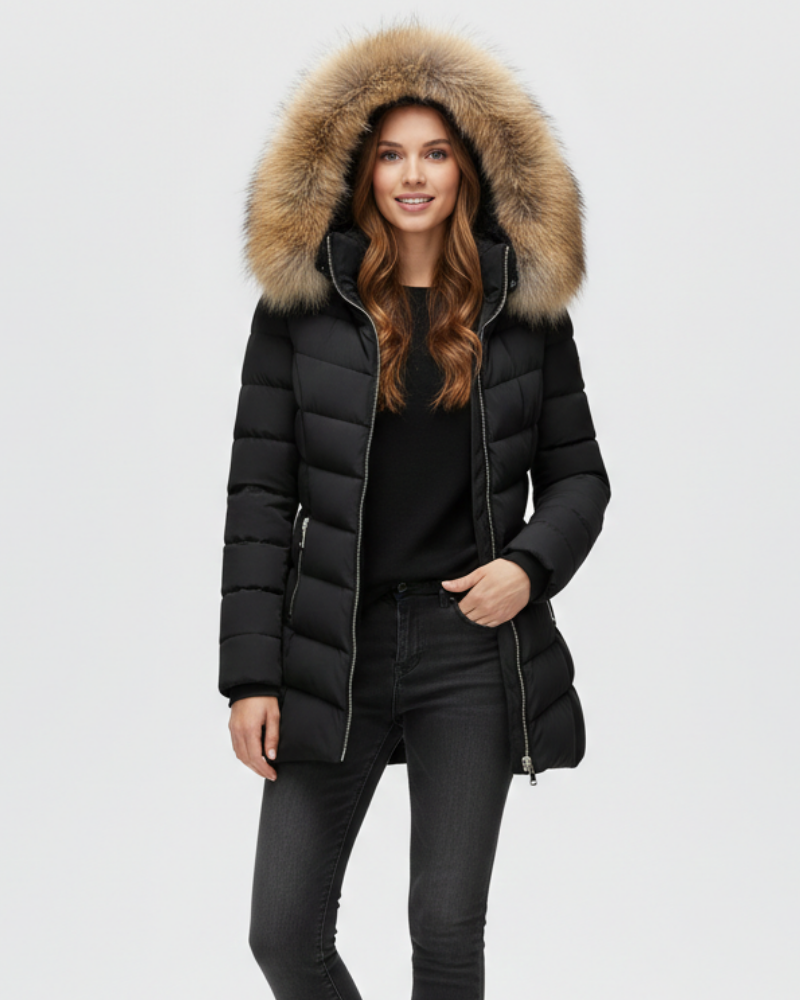 Anne Women's Puffer Jacket with Hood – Chevron Quilting & Faux Fur Collar