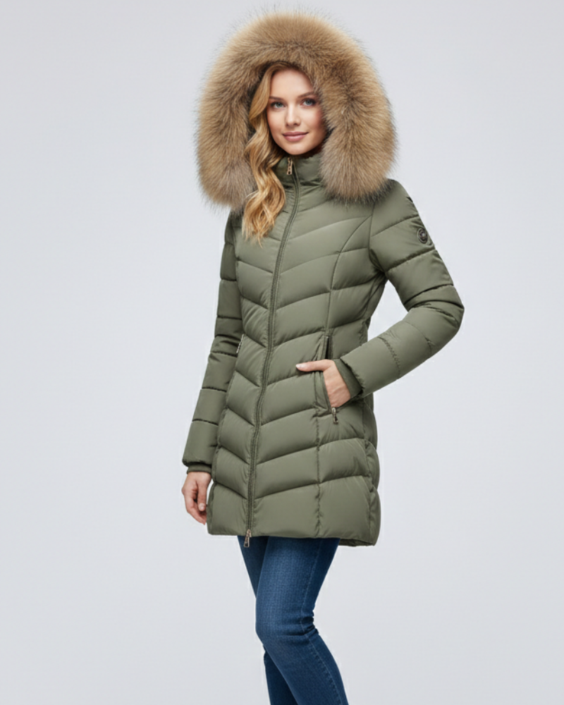 Anne Women's Puffer Jacket with Hood – Chevron Quilting & Faux Fur Collar
