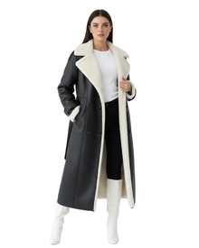 Rinna Long Coat for Women – Double-Breasted Suede Effect Jacket with Lined Collar & Chic Style