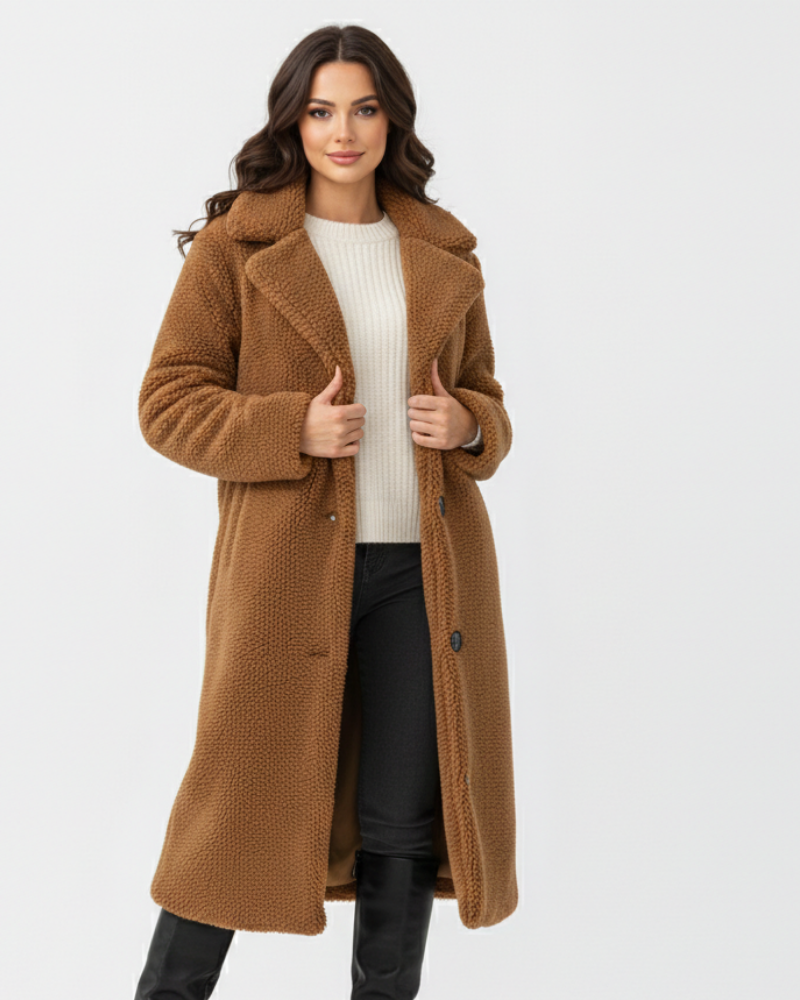 Angel Teddy Long Coat Women – Soft Oversized Fit with Lapel Collar & Button Closure