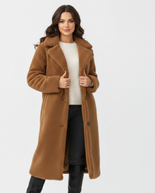 Angel Teddy Long Coat Women – Soft Oversized Fit with Lapel Collar & Button Closure