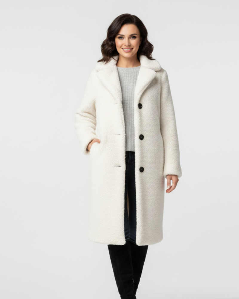 Angel Teddy Long Coat Women – Soft Oversized Fit with Lapel Collar & Button Closure