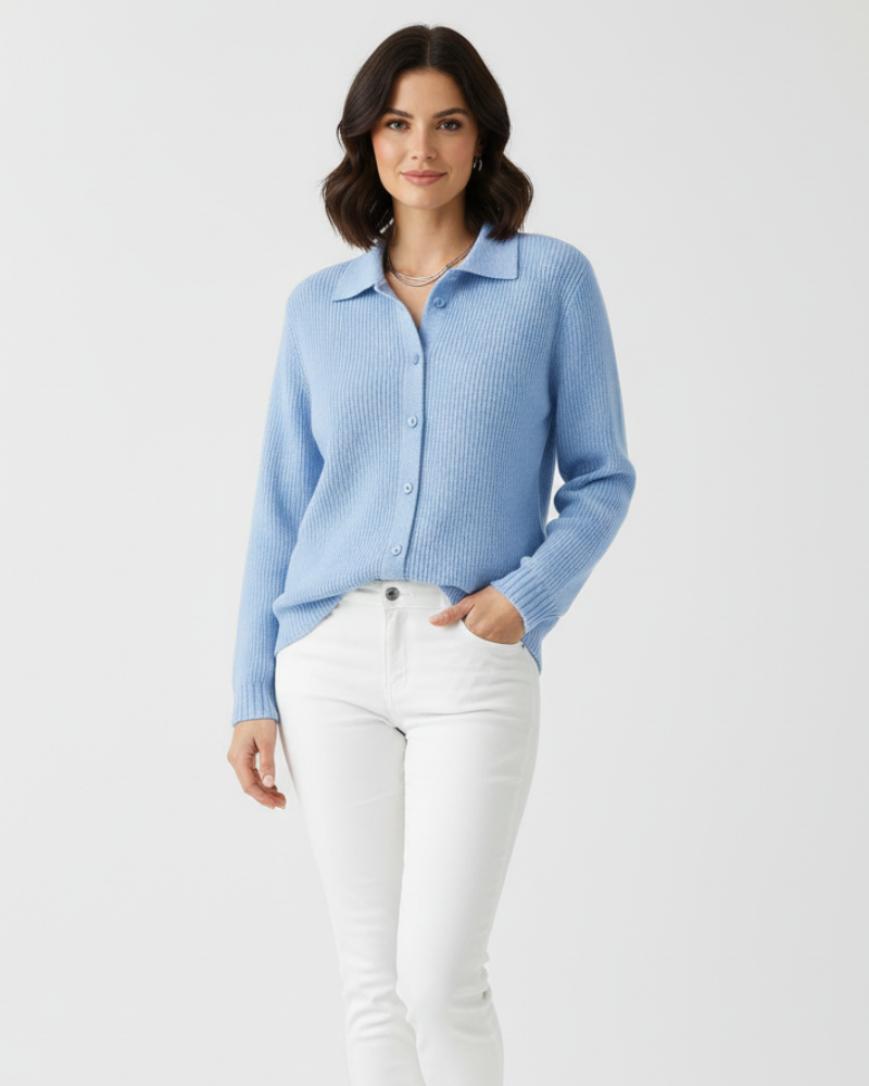 Angela Women's Fitted Cardigan – Elegant Shirt Collar in Stretch Cotton for Mid-Season